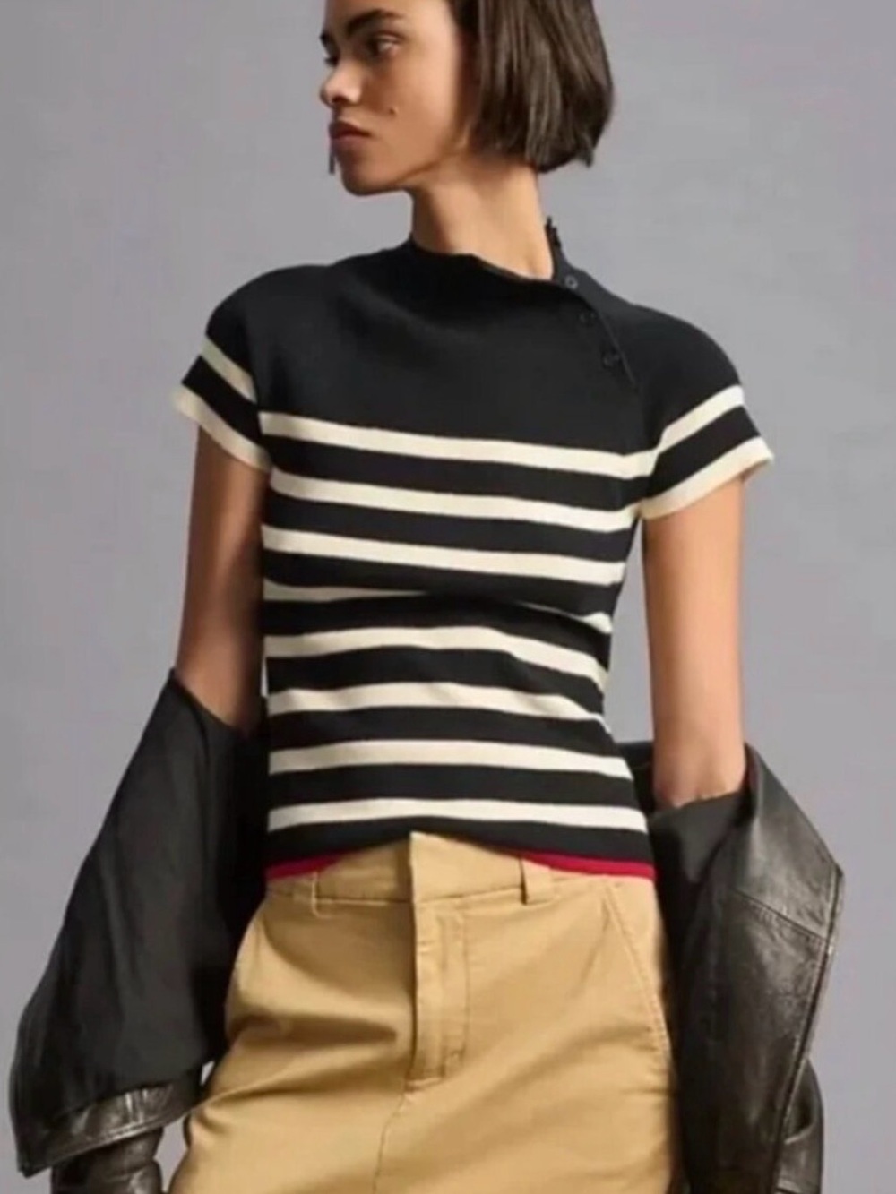 Anthropologie Black and White Striped Short-Sleeve Knit Sweater